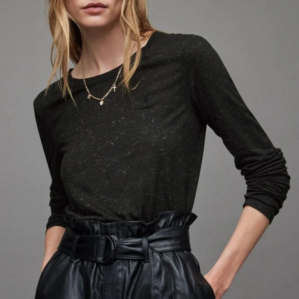 ALLSAINTS Esme Shimmers Tee Womens Large Charcoal Gray Silver Long Sleeve Crew - Picture 1 of 15